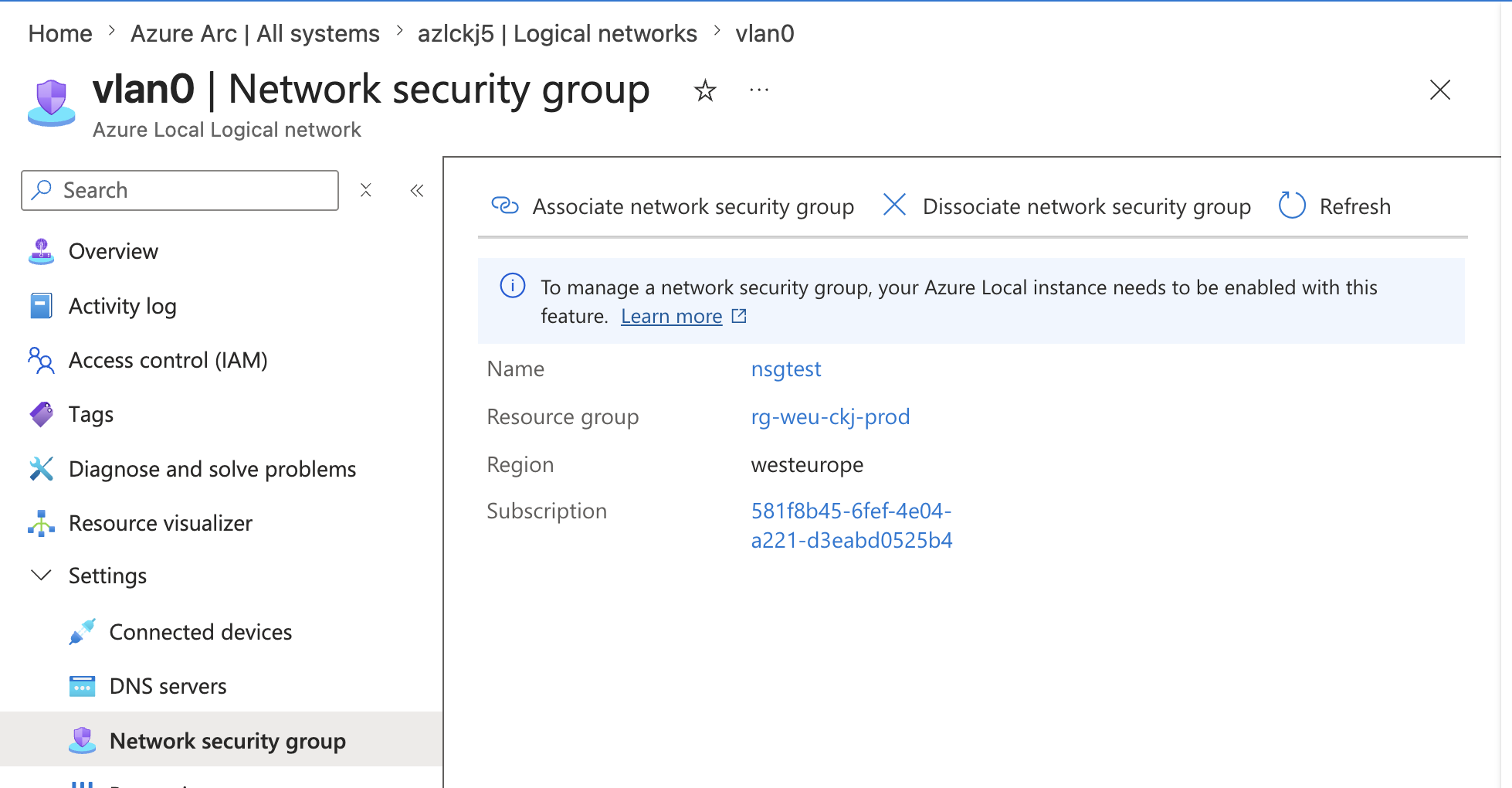 Associate network security group from Azure Local logical network