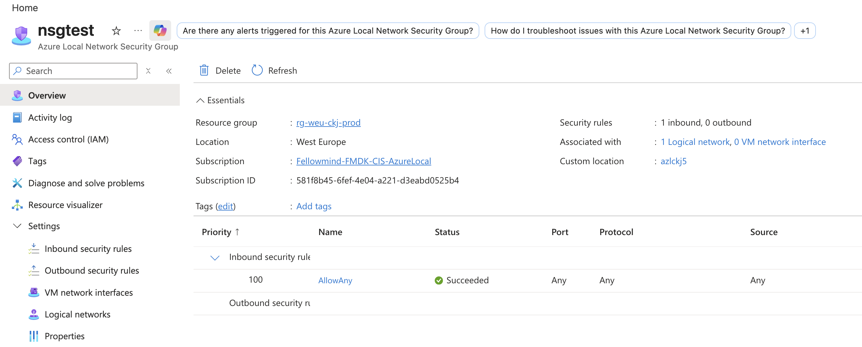 Azure Local NSG overview showing associated logical networks and VM network interfaces