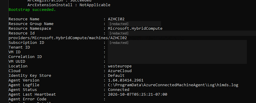 AZHCI02 reports Connected with a populated Azure resource identity and heartbeat after re-registration