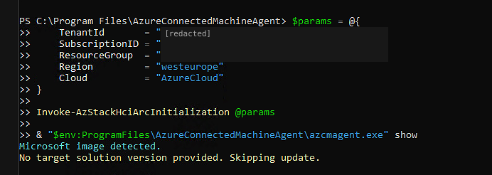 Running Azure Local Arc initialization with the target registration parameters after reset